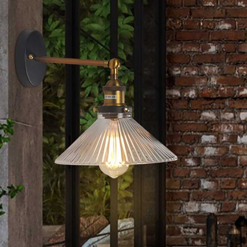 Industrial Elegance: Brass Cone Wall Sconce With Clear Ribbed Glass /