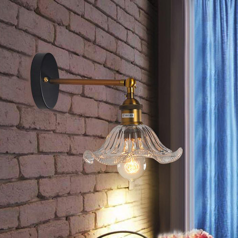 Industrial Elegance: Brass Cone Wall Sconce With Clear Ribbed Glass / Flower