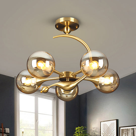 Daphne’s Mid - Century Charm: Amber Glass Orb Semi - Flush Chandelier 5 / Ceiling Light