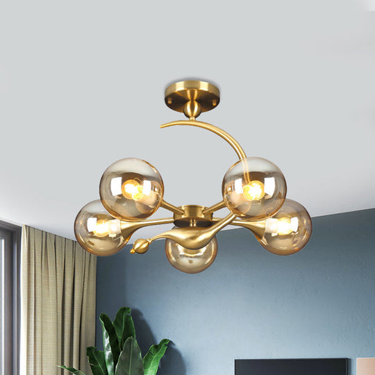 Daphne’s Mid - Century Charm: Amber Glass Orb Semi - Flush Chandelier Ceiling Light