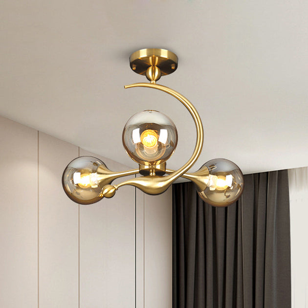 Daphne’s Mid - Century Charm: Amber Glass Orb Semi - Flush Chandelier 3 / Ceiling Light