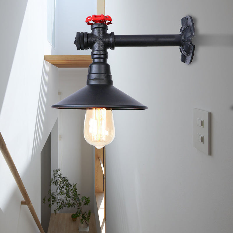 Ruby - Industrial Chic Wall Sconce With Red Valve Accent Black