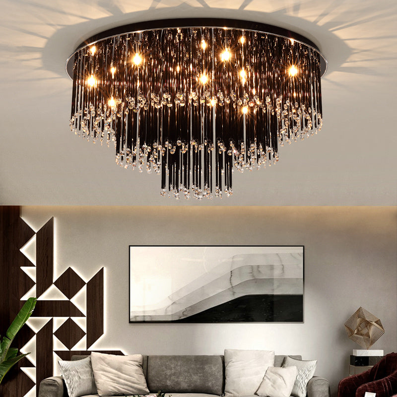 Modern Black Crystal Flush Mount Chandelier Tiered Design 8/10 Bulbs For Bedroom Chandelier