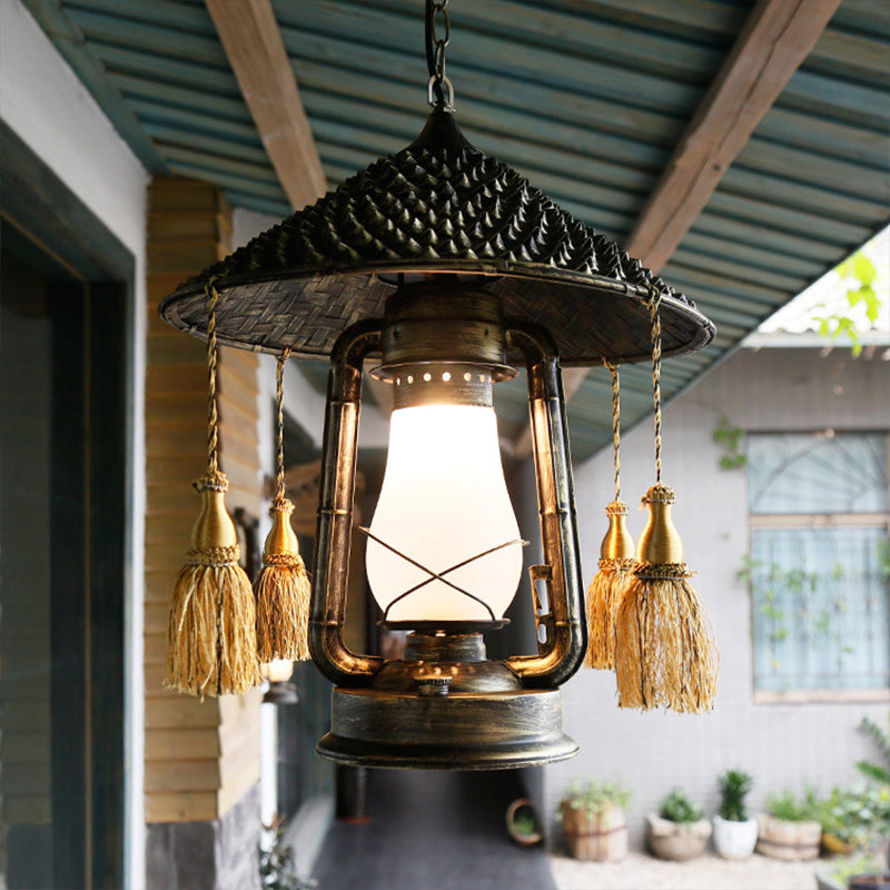 Ashley Rustic Elegance: Bronze Pendant Lamp With Cream Glass Shade Lighting