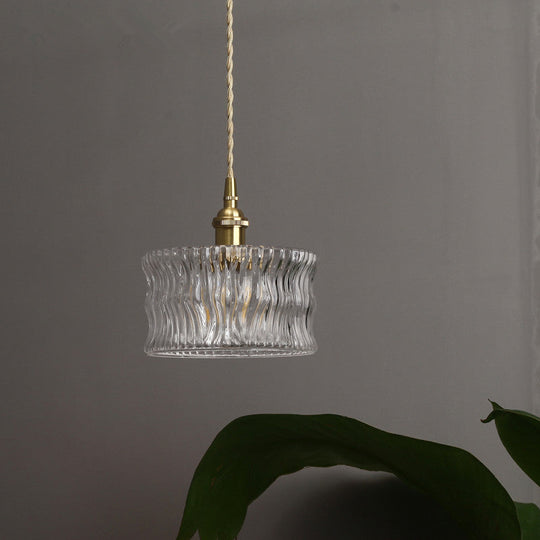 Aurora Gold Cylindrical Ribbed Glass Pendant Lamp - Elegant Clear Ceiling Light For Sitting Rooms