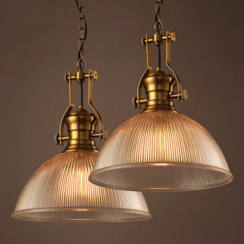 Edison’s Industrial Embrace: Brass Bowl Pendant Lamp With Ribbed Glass