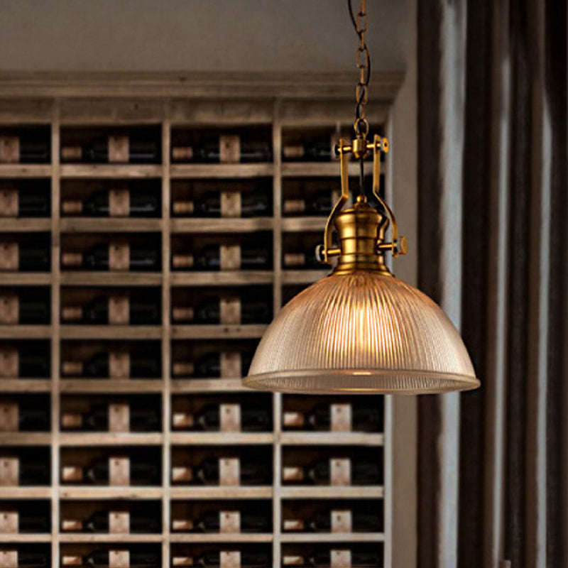 Edison’s Industrial Embrace: Brass Bowl Pendant Lamp With Ribbed Glass