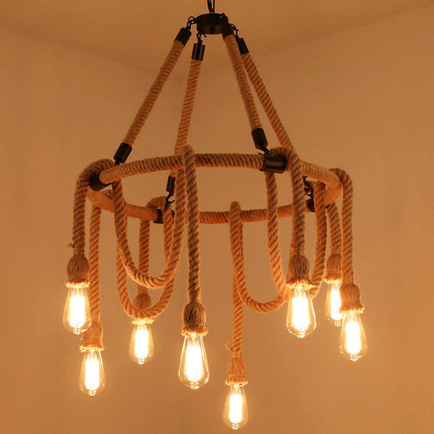 Embrace Exposed Bulb Elegance: The Antiqued Beige Hemp Rope Chandelier 8 / Pendant Lighting