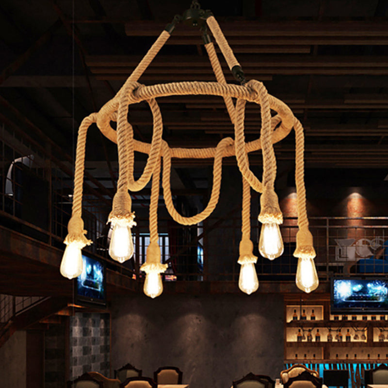 Embrace Exposed Bulb Elegance: The Antiqued Beige Hemp Rope Chandelier Pendant Lighting