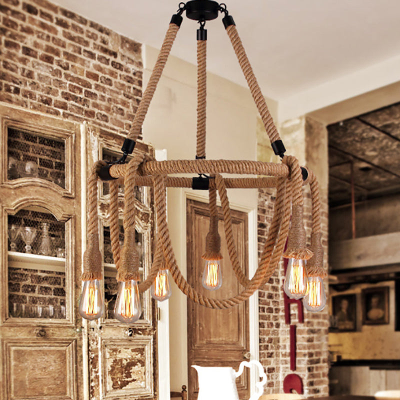 Embrace Exposed Bulb Elegance: The Antiqued Beige Hemp Rope Chandelier Pendant Lighting