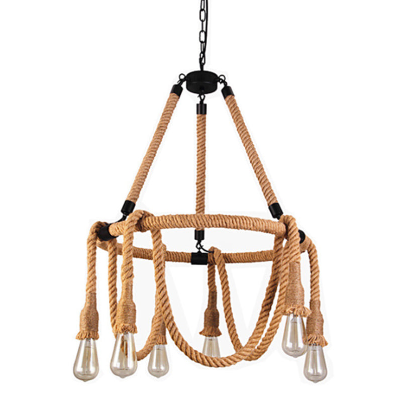 Embrace Exposed Bulb Elegance: The Antiqued Beige Hemp Rope Chandelier Pendant Lighting