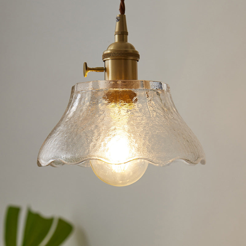 Modern Farmhouse Brass Scalloped 1 - Light Suspension Lamp With Water Glass: Hanging Light