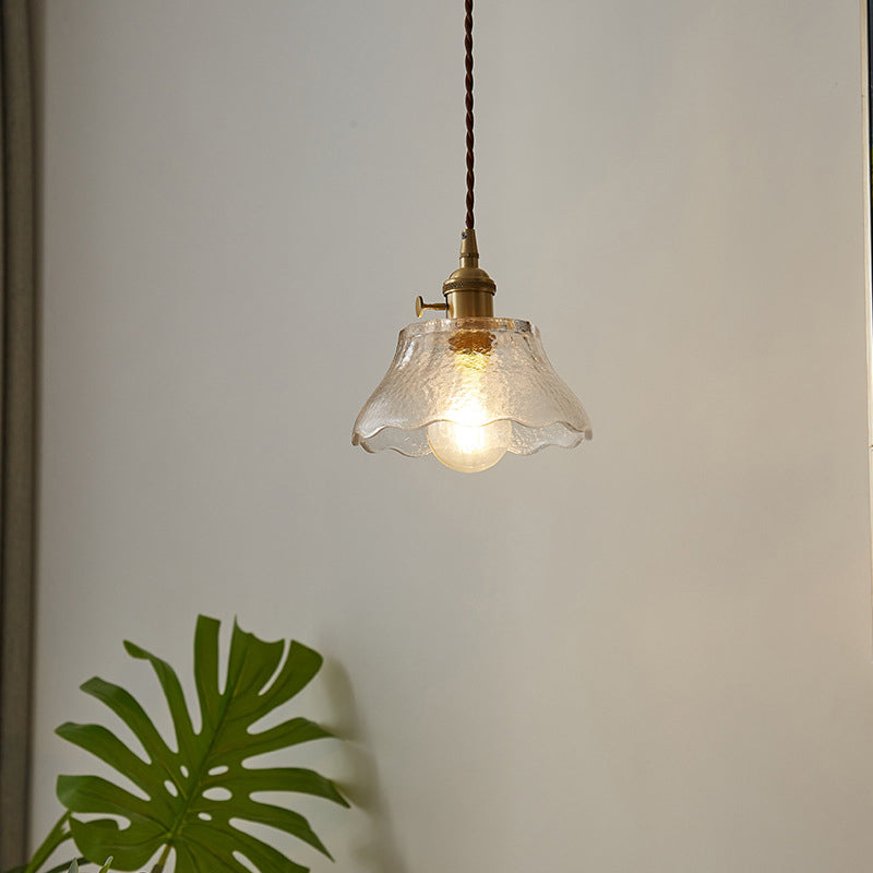 Modern Farmhouse Brass Scalloped 1 - Light Suspension Lamp With Water Glass: Hanging Light