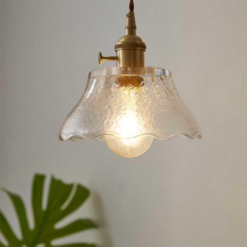 Modern Farmhouse Brass Scalloped 1 - Light Suspension Lamp With Water Glass: Hanging Light