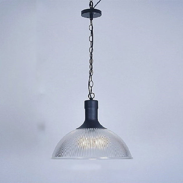 Hélène’s Clear Ribbed Glass Dome Pendant Light - Industrial Bronze Black Hanging For Living