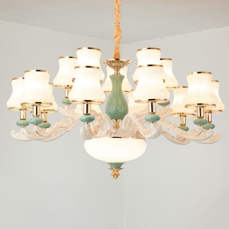 Modern Frosted Glass & White Ceramics Chandelier Light – Flared Suspension Lighting For Living