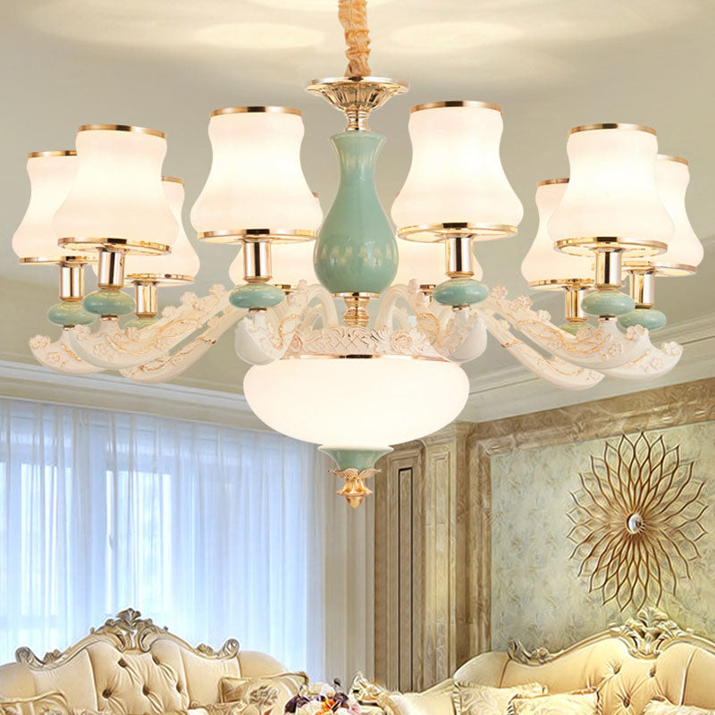 Modern Frosted Glass & White Ceramics Chandelier Light – Flared Suspension Lighting For Living