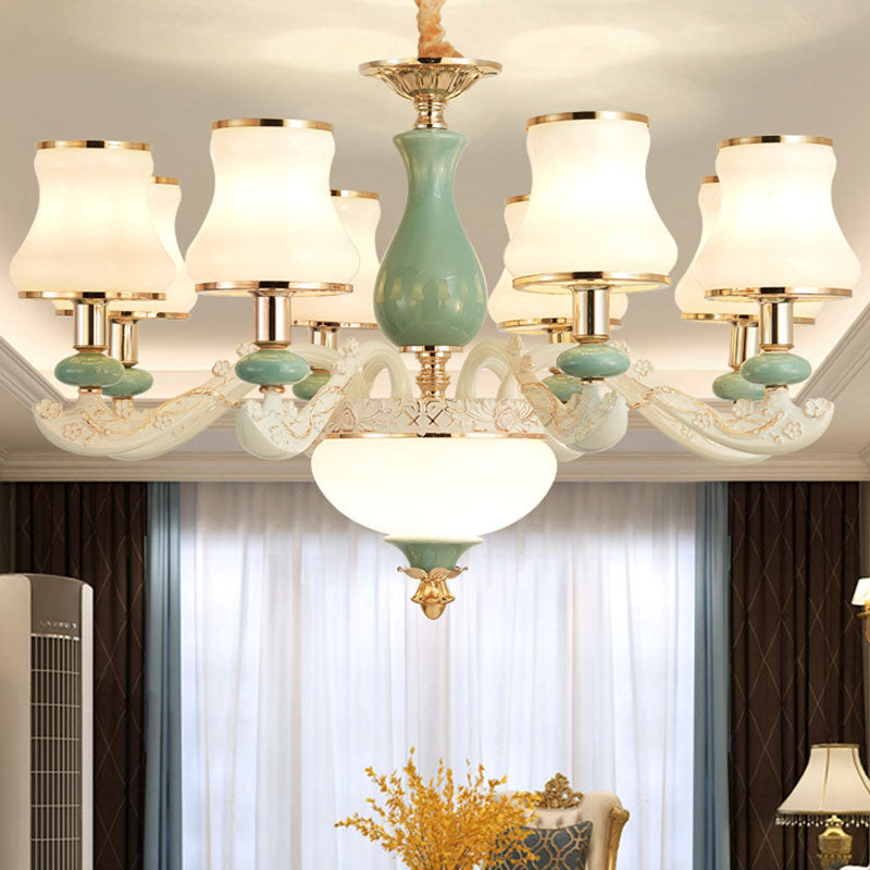 Modern Frosted Glass & White Ceramics Chandelier Light – Flared Suspension Lighting For Living