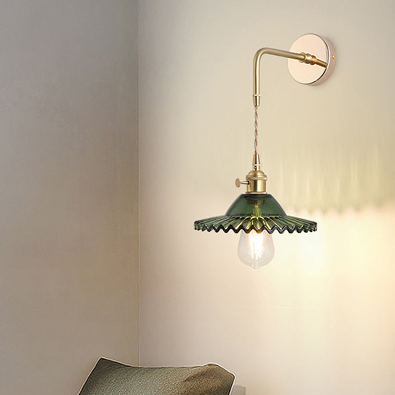 Vintage Single - Bulb Bedside Wall Mounted Lamp In Gold - Shaded Glass Light Fixture / I Wall Lamp