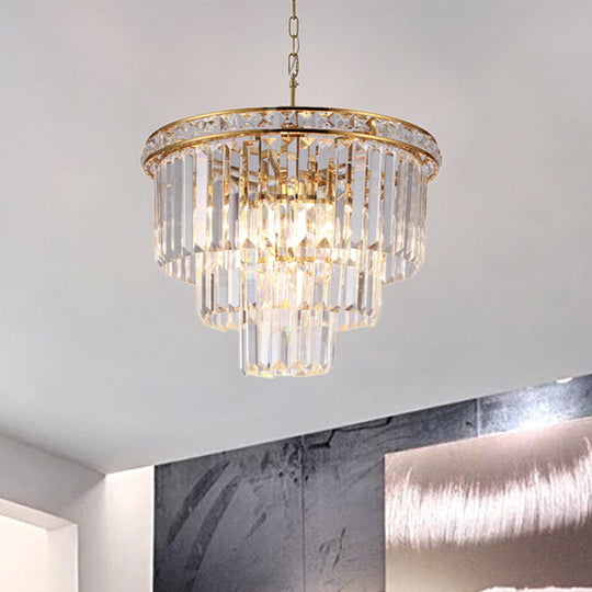 Modern Faceted Optical Crystal 6 - Light Brass Chandelier - Four Tiers Ceiling Light