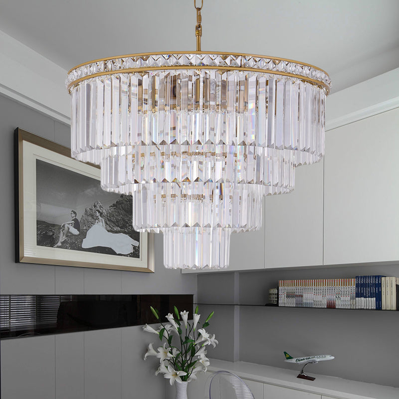 Modern Faceted Optical Crystal 6 - Light Brass Chandelier - Four Tiers Ceiling Light