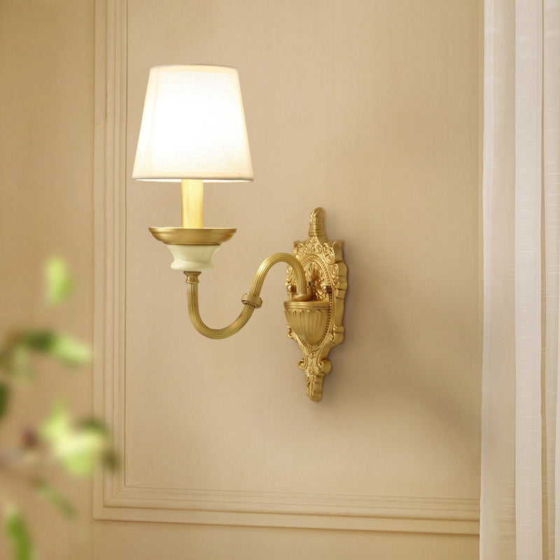 White And Brass Fabric Wall Mounted Light - Minimalist Tapered Sconce Wall Light