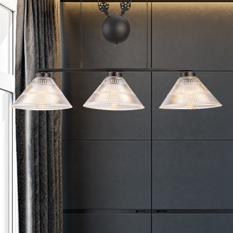 Adjustable Pulley Industrial Cone Pendant With Prismatic Glass - Black 2/3 - Light Island Lamp