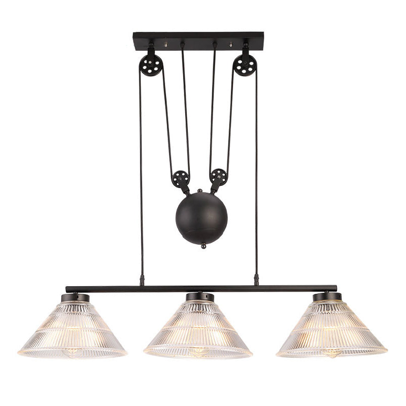 Adjustable Pulley Industrial Cone Pendant With Prismatic Glass - Black 2/3 - Light Island Lamp