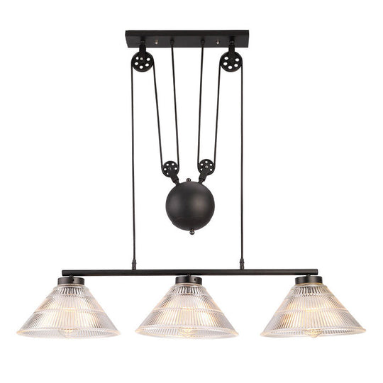 Adjustable Pulley Industrial Cone Pendant With Prismatic Glass - Black 2/3 - Light Island Lamp