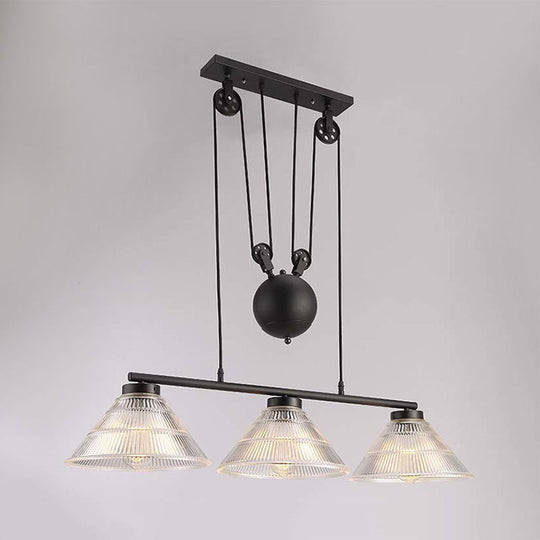 Adjustable Pulley Industrial Cone Pendant With Prismatic Glass - Black 2/3 - Light Island Lamp