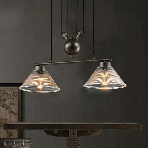 Adjustable Pulley Industrial Cone Pendant With Prismatic Glass - Black 2/3 - Light Island Lamp 2 /