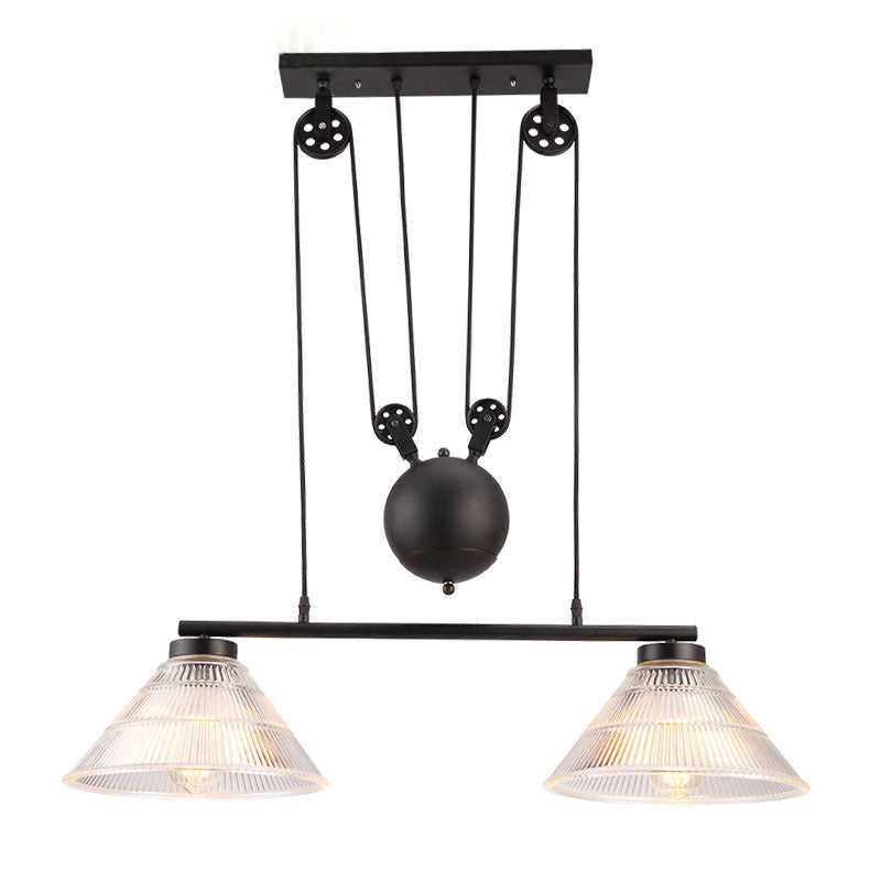 Adjustable Pulley Industrial Cone Pendant With Prismatic Glass - Black 2/3 - Light Island Lamp