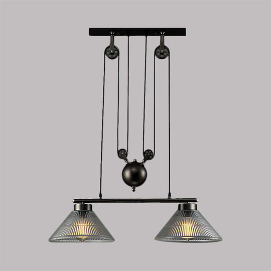 Adjustable Pulley Industrial Cone Pendant With Prismatic Glass - Black 2/3 - Light Island Lamp