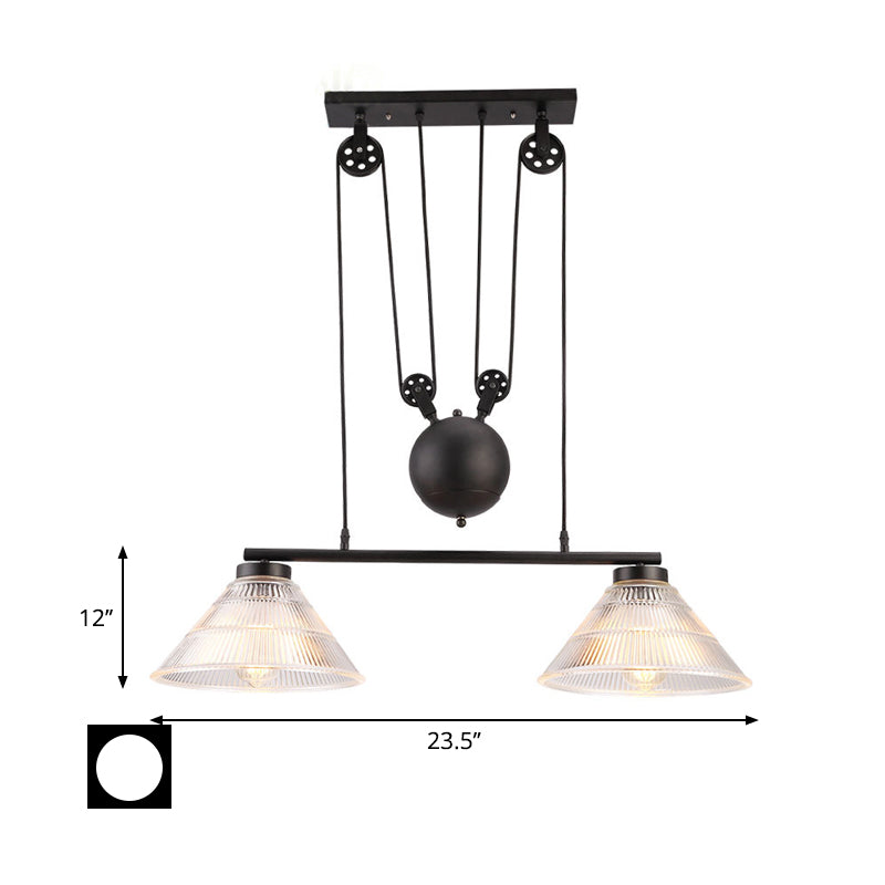 Adjustable Pulley Industrial Cone Pendant With Prismatic Glass - Black 2/3 - Light Island Lamp