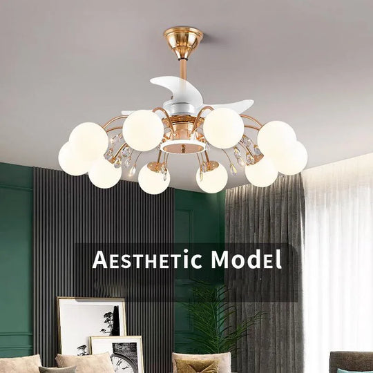 Nordic Living Room Fan Lamp Frequency Conversion Restaurant Ceiling Invisible Light Luxury Cystal