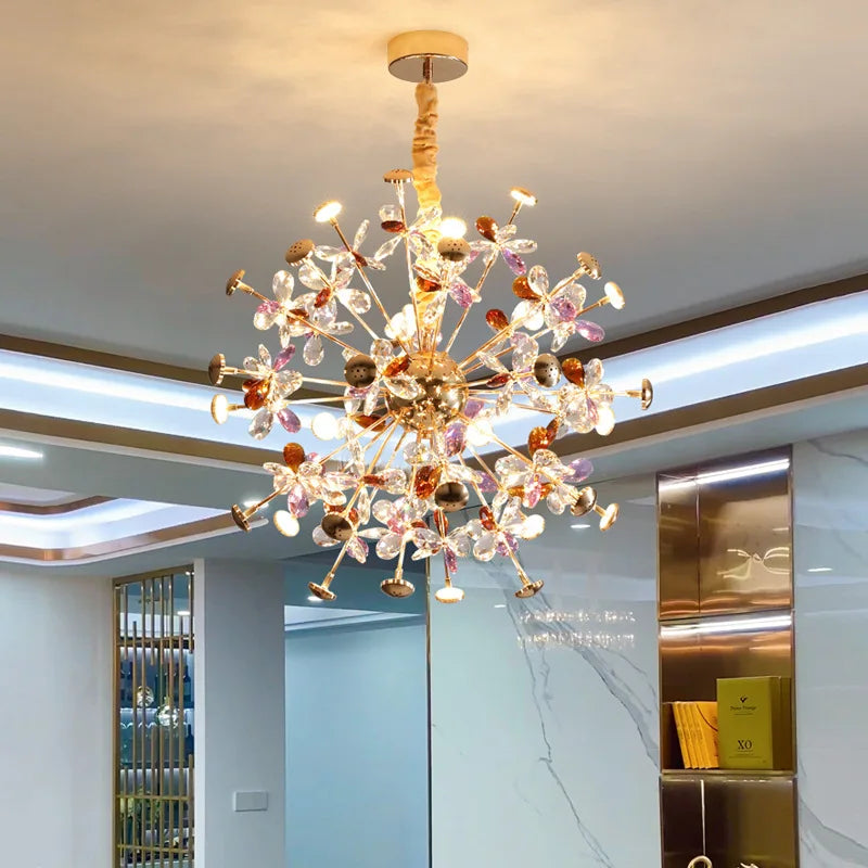 Contemporary Dandelion Led Chandelier - Fashionable Branch Design With Colorful Crystal Accents