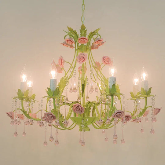 European Rose Flower Chandelier - Green Lustre Light In 6L/8L/12L Sizes E14 Decoration Fixture Pink