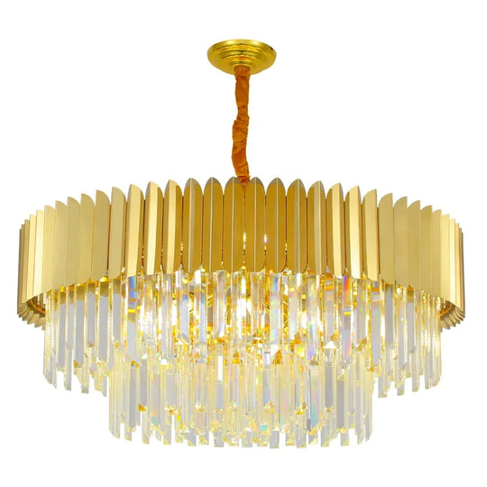 Postmodern Round Gold Stainless Steel Crystal Led Chandelier - Contemporary Illumination For Dining