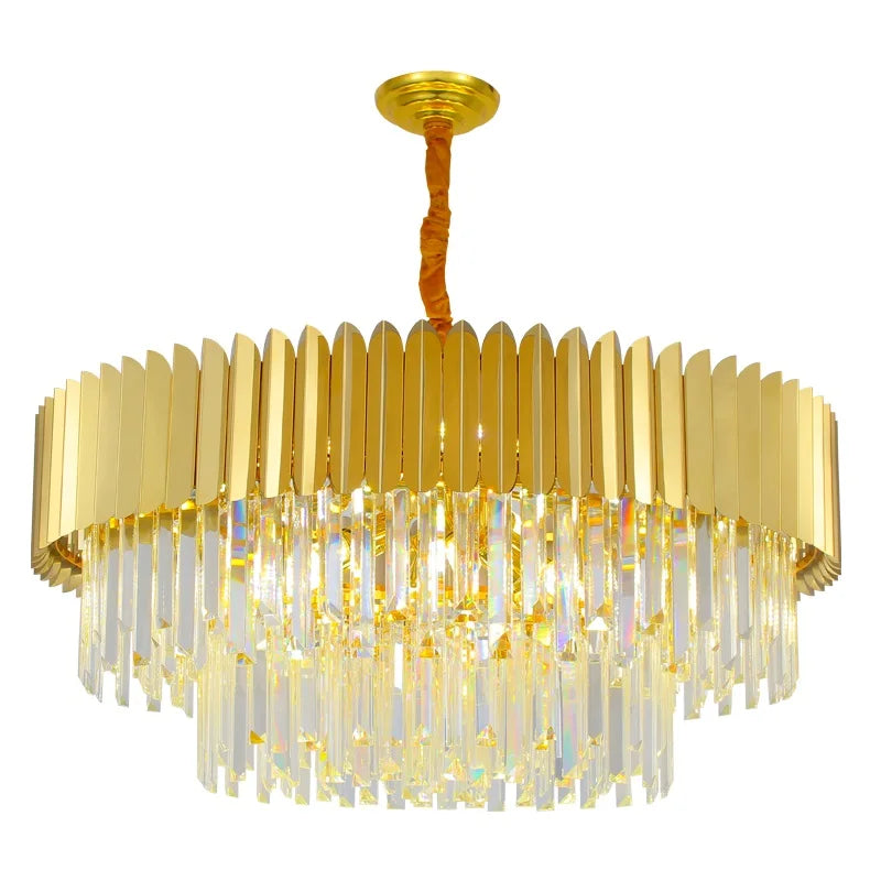 Postmodern Round Gold Stainless Steel Crystal Led Chandelier - Contemporary Illumination For Dining