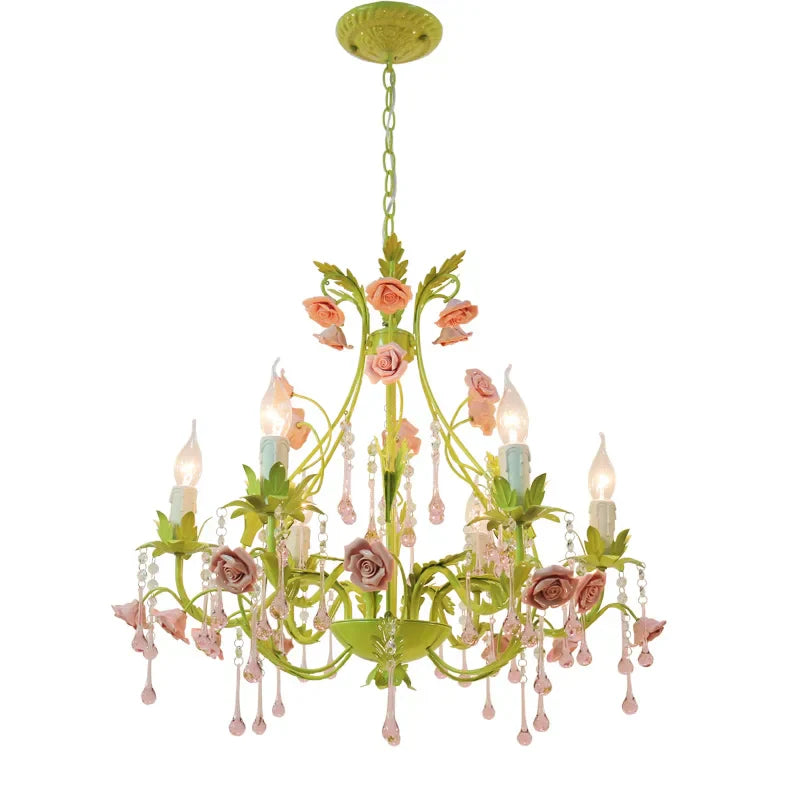 European Rose Flower Chandelier - Green Lustre Light In 6L/8L/12L Sizes E14 Decoration Fixture Pink