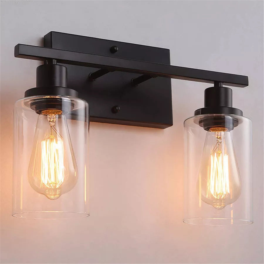 Vintage Industrial 2 - Light Bathroom Vanity Light Fixtures - Matte Black Metal And Glass Sconces