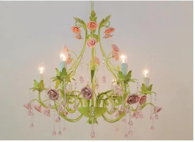 European Rose Flower Chandelier - Green Lustre Light In 6L/8L/12L Sizes E14 Decoration Fixture Pink