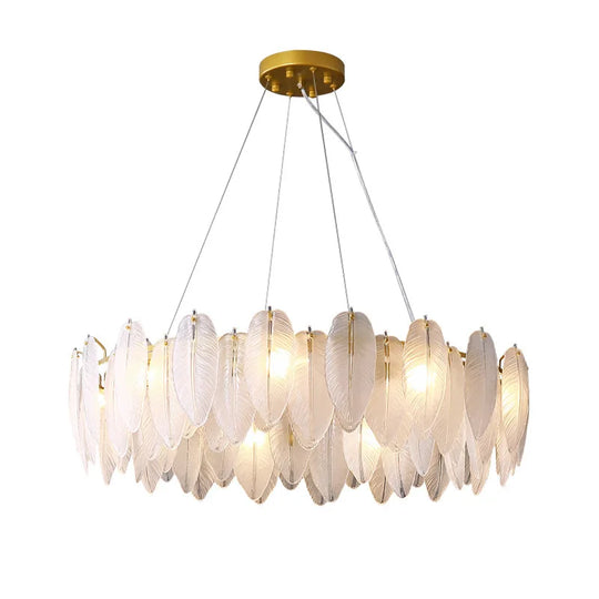 Unique Goose Feather Led Chandelier - Artistic White Glass Designer Lighting Fixture For Foyer And