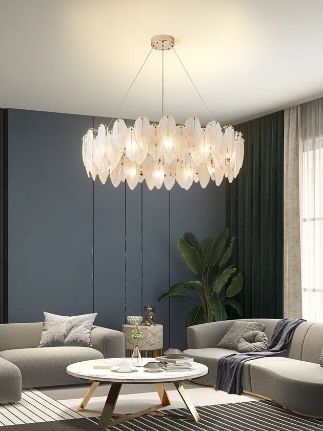 Unique Goose Feather Led Chandelier - Artistic White Glass Designer Lighting Fixture For Foyer And