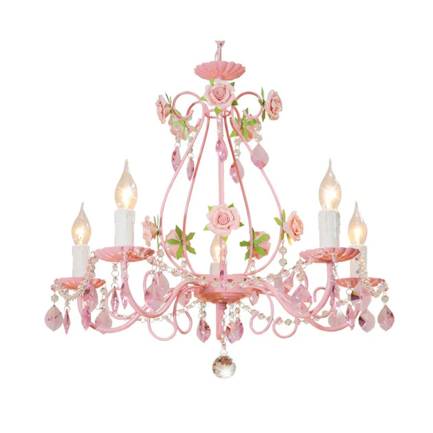 Contemporary Pink Ceiling Chandelier - E14 Led Lighting With Crystal Iron And Ceramic Accents