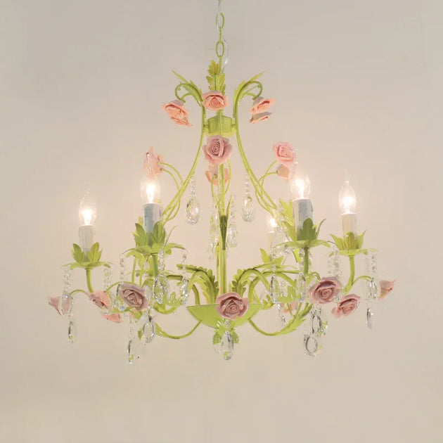 European Rose Flower Chandelier - Green Lustre Light In 6L/8L/12L Sizes E14 Decoration Fixture Pink