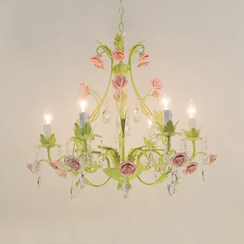 European Rose Flower Chandelier - Green Lustre Light In 6L/8L/12L Sizes E14 Decoration Fixture Pink