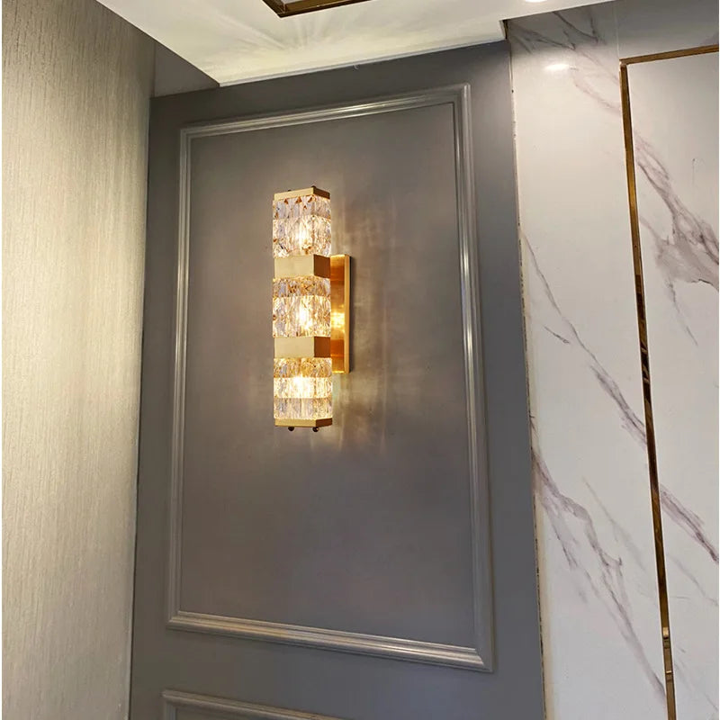 Luxury Crystal Wall Lamp - Copper Accents Long Sconce And Led Light For Elegant Living Room Decor