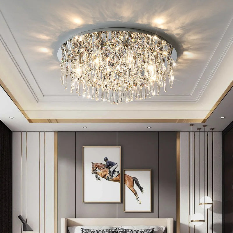 Luxury Modern K9 Crystals Ceiling Lamp - Chrome Steel Led Light For Art Deco Bedroom Lighting