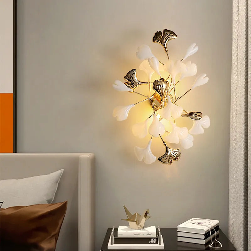 Romantic Flowers Foyer Led Wall Lamp - Ceramics And Leaf Artistic Sconce With Gold Metal Accents